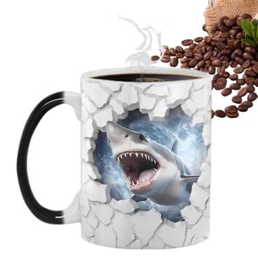 Imagem de Caneca que muda de cor, canecas que mudam de calor | Copos de suco de tubarão,Caneca sensível ao calor que muda de cor, xícaras de café com padrão de peixe do mar, xícara de chá mágica para leite de c