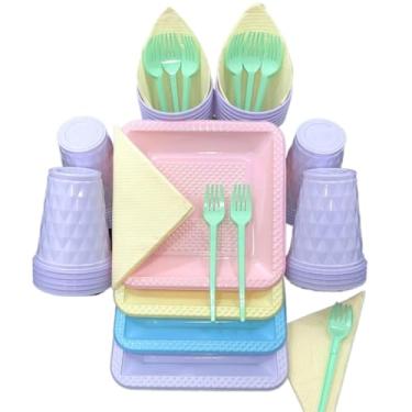 Imagem de Kit Festa Aniversario 180 Itens Candy Descartavel Diamante Premium C/Pratos Copos Garfinho Cor Pastel Azul Rosa Amarelo (Sortidos Candy 02)