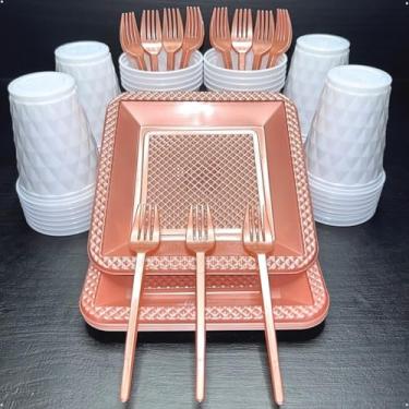 Imagem de Kit 260 Itens Descartaveis Festa Aniversário Prato Quadrado Diamante Plástico Colorido Perolado Candy Pastel (Branco Rose Perolado)