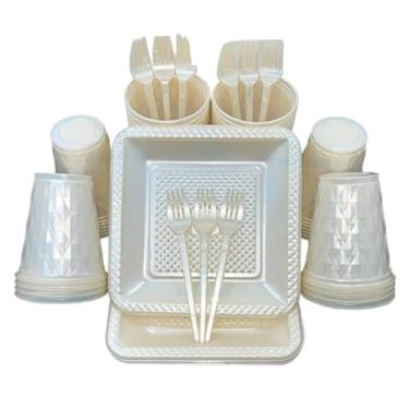 Imagem de Kit 260 Itens Descartaveis Festa Aniversário Prato Quadrado Diamante Plástico Colorido Perolado Candy Pastel (Champanhe Perolado)