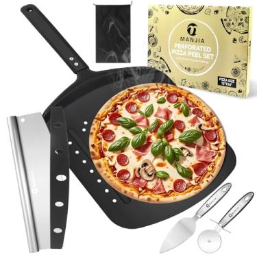 Imagem de MANJIA Peeling de pizza perfurado - Pá de pizza de metal antiaderente de alumínio com cortador basculante para armazenamento fácil, espátula de pizza, pá de pizza para assar pão de pizza caseiro ao ar