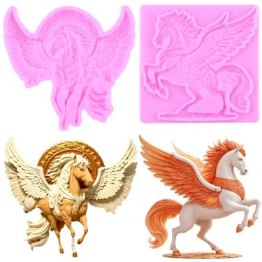 Imagem de MIYAHOUSE Molde de silicone para fondant de cavalo voador para decoração de bolos, enfeite de cupcake, pasta de goma de chocolate, argila de polímero, conjunto de 2