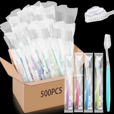 Imagem de Maxcheck 500 conjuntos de escovas de dentes descartáveis a granel com pasta de dente embrulhada individualmente suprimentos para desabrigados escova de dentes de viagem para hotel, acampamento, escola