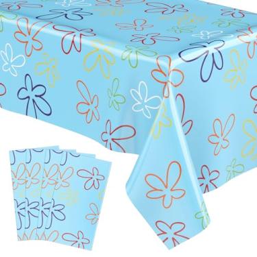 Imagem de Oudain Toalha de mesa de plástico com 4 folhas de esponja para festa de aniversário, flores do oceano azul, 137 x 272 cm, capas de mesa de plástico para decoração de festa de aniversário