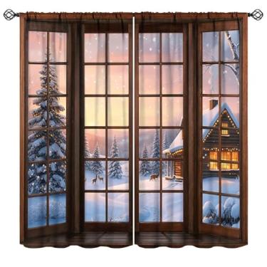 Imagem de Cortinas de paisagem de Natal com neve, rústica vintage, rústica, floresta, inverno, neve, cenário, árvores de Natal, cervos, estampadas, blackout, tratamentos de janela para quarto, sala de estar