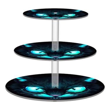 Imagem de Blueangle Suporte redondo de cupcake de 3 camadas – Torre de sobremesa acrílica olho de gato neon azul, suporte de sobremesa em camadas antiderrapante para chá de bebê, aniversário, festa de casamento