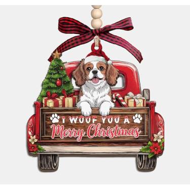 Imagem de Enfeite de madeira I Woof You A Merry Christmas - Caminhão de Natal com cachorro King Charles Cavalier 3 camadas de madeira enfeite de lembrança presentes para mulheres e homens amantes de animais de