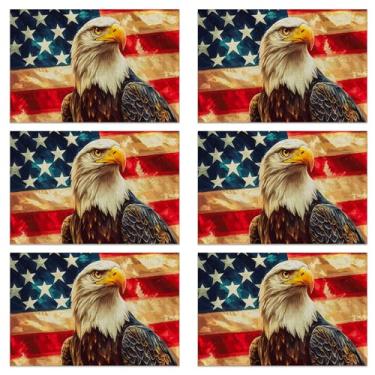 Imagem de Conjunto de 6 jogos americanos com bandeira americana, linho lavável para o Natal, Ação de Graças, festa e jantar diário, tapetes de mesa decorativos retrô águia para mesa de 4 a 6 pessoas