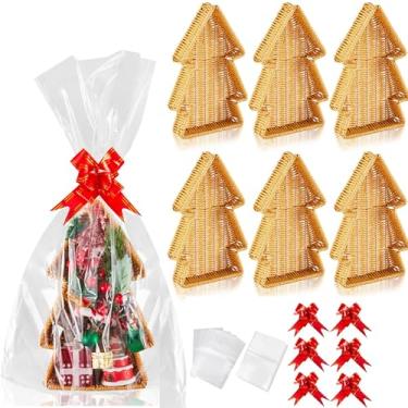 Imagem de Yookeer Conjunto de 6 cestas de vime para árvore de Natal vazias com laços de laço e sacos de presente, 28 x 18 cm, bandejas vazias para servir doces e lanches de Natal para presentes de inauguração