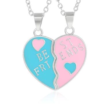 Imagem de Colares com pingente de coração dividido Best Friends, esmalte rosa e azul, conjunto de 2 peças opções de ouro ou prata - presente para melhores amigos, Adjustable, Aço inoxidável, Zircônia cúbica