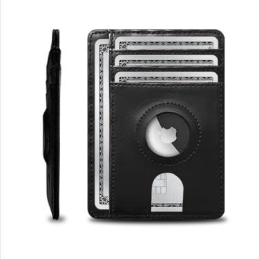 Imagem de Carteira masculina rastreável – Porta-cartão de couro fino com bloqueio RFID com suporte opcional para rastreador – Carteira minimalista com bolso frontal para rastreamento e transporte diário (preto)