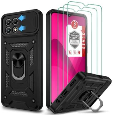 Imagem de T-Mobile TCL Revvl 4 Capa, com 3 peças de protetor de tela de vidro temperado, suporte de anel integrado e suporte magnético para carro à prova de choque à prova de queda armadura de defesa capa resistente para T-Mobile Revvl 4 - Preto