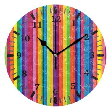 Imagem de CEBUGI 1 relógio de parede com listras arco-íris, 1 relógio redondo operado por bateria, relógios de parede silenciosos sem tique-taque para cozinha, banheiro, quarto, escritório, decoração 25,4 cm