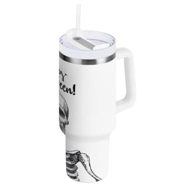 Imagem de STAYTOP Copo fofo de caveira de 850 g, feliz dia das bruxas, com tampa e canudo, à prova de vazamento, copo isolado de aço inoxidável durável com alça, garrafas de água à prova de derramamento para