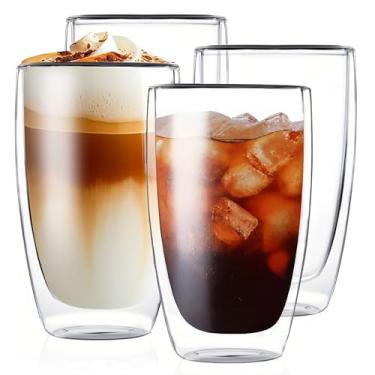 Imagem de MESNEY Copos de café expresso de parede dupla de 482 g, conjunto de 4 canecas de café de vidro, canecas de cappuccino latte transparentes isoladas para casa, café e restaurante, copos de bebida