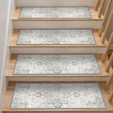 Imagem de Escadas antiderrapantes para degraus de madeira, 15 peças - 23 x 71 cm, tapete de segurança interno largo-curto atualizado, tapetes de borda atualizados com suporte adesivo TPE, tapetes de escada