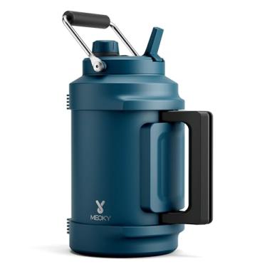 Imagem de Garrafa de água isolada de 1 galão para esportes: Meoky Jarro de água de aço inoxidável a vácuo de parede tripla de 3,628 g - alças superiores e laterais, frio por 48 horas, canudo 2 em 1 e tampa de