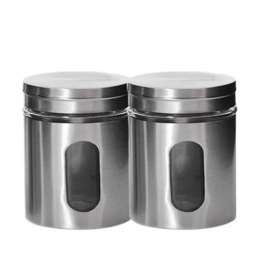 Imagem de Kit 2 Pote Porta Mantimento Em Inox Com Visor De Vidro Em Casa Tem 600ml