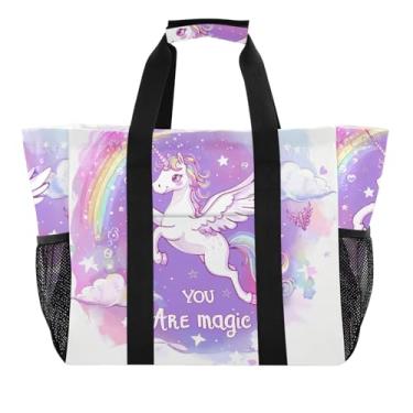Imagem de ODAWA Bolsa feminina portátil à prova d'água e à prova de areia, linda bolsa de mão de unicórnio e nuvem de arco-íris para uso diário, Nuvem arco-íris de unicórnio fofo, One Size