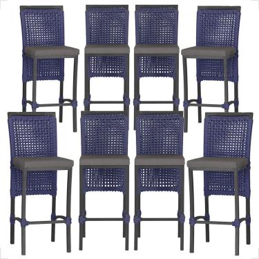Imagem de 8 Banquetas Em Alumínio Roma Preta Corda Náutica Tecido 11 Azul