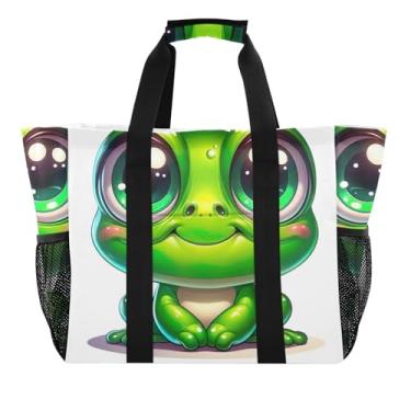 Imagem de ODAWA Sacola de praia durável e resistente à água, sapo, olhos grandes, para esportes, bolsa de lona de grande capacidade para compras, Sapo de desenho animado com olhos grandes, One Size