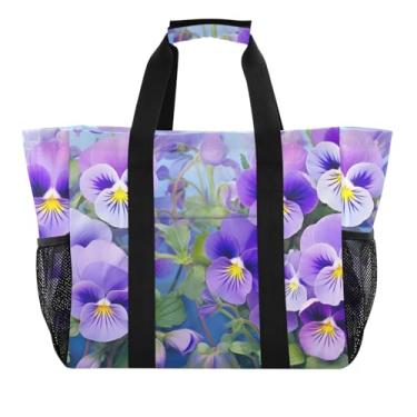 Imagem de ODAWA Bolsa de mercearia roxa impermeável à prova de areia para compras de supermercado e piscina, bolsa de supermercado durável com bolsos, Flores de amor-perfeito roxo, One Size