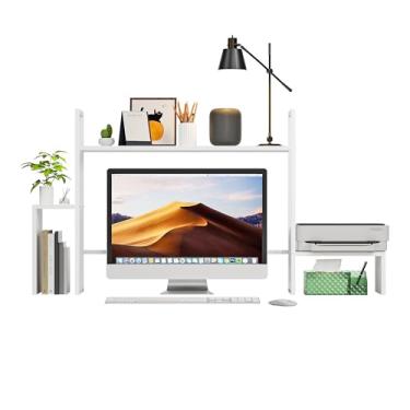 Imagem de WelFurGeer Prateleira de mesa de madeira de 2 camadas com faixa de luz RGB - Organizador de mesa de 124 cm para monitor máximo de 71 cm - Estante de escritório em casa e dormitório - branca