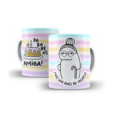 Imagem de Caneca Decorativa Parabéns Amiga, Porcelana, Design Listrado Pastel, Tema Aniversário com Bolo e Ilustração Fofa, 325ml (12868)