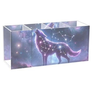 Imagem de TSENQUE Porta-lápis de mesa Wolf Zodiac Constellation Cute Floral Marker Caddy Acrylic Stationary Organizer Cup