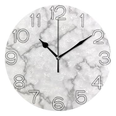 Imagem de Relógio de parede analógico decorativo moderno alimentado por bateria para quarto e cozinha, arte de parede boho, decoração de casa, textura de veias brancas e cinza, 25 cm, ponteiros pretos