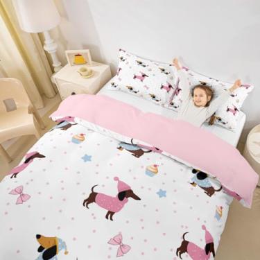 Imagem de Manfei Lindo jogo de cama solteiro de animais para meninas, conjunto de capa de edredom de bolo com laço de cachorro Dachshund, estrelas, bolinhas, feminino, sem edredom, decoração de quarto rosa e