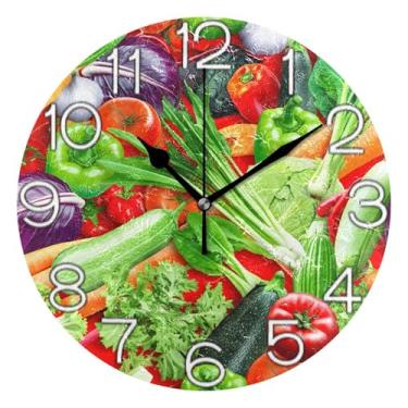 Imagem de GAIGEO Relógio de parede analógico decorativo relógio de cozinha rústico operado por bateria silencioso, decoração de sala de estar arte moderna vegetais verde colorido, 25 cm, ponteiros dourados