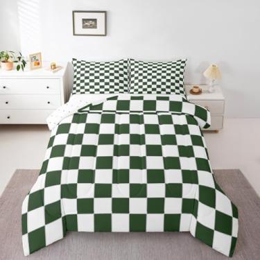Imagem de Erosebridal Jogo de cama xadrez verde-oliva para adultos, branco, verde escuro, xadrez, xadrez, conjunto de edredom para meninos, homens e mulheres, decoração de quarto moderno