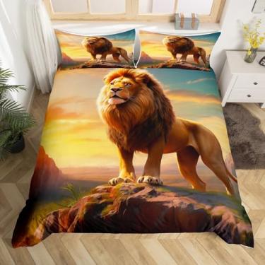 Imagem de Conjunto de capa de edredom Fierce Lion tamanho Queen, conjunto de cama de animal selvagem, decoração de quarto infantil, adolescentes, adultos, homens, paisagens naturais, 3 peças, capa de edredom de