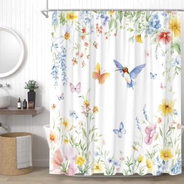 Imagem de YSSFAV Cortina de chuveiro primavera aquarela floral pássaros borboleta flores coloridas folhas verdes beija-flor rústica decoração de banheiro conjunto com ganchos, 178 cm L x 178 cm A