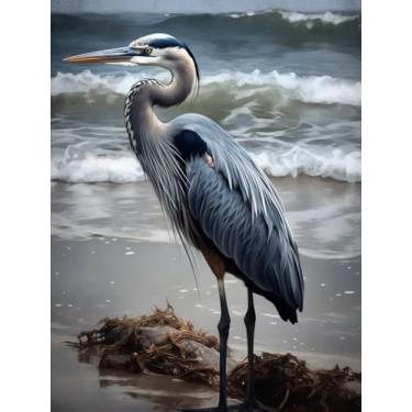 Imagem de Kits de arte de diamante 5D DIY pintura para adultos garça costeira pássaro do mar imagem arte garça azul na praia (1) para decoração de parede de casa 11,7 x 15,8 polegadas/30 x 40 cm