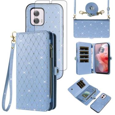 Imagem de Capa de celular para Motorola Moto G Power 5G 2024 com zíper carteira destacável com protetor de tela de vidro temperado alça transversal alça flip glitter porta-cartão slot G5 mulheres meninas azul