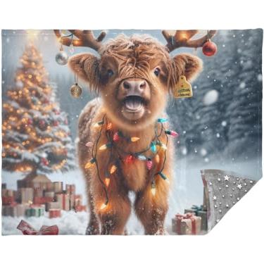 Imagem de Cobertor de Natal Highland Cow Inverno Bonito Macio Cobertor para Sofá Lavável Cobertores Aconchegantes para Mulheres Presente 177.8 cm x 139.7 cm Cinza Personalizado Grande Cobertor