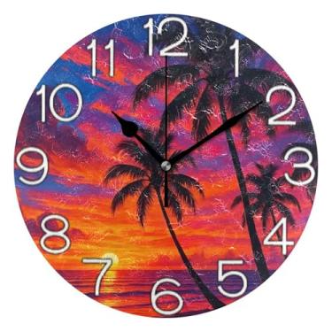 Imagem de GAIGEO Relógio de parede analógico, decorativo, quarto, cozinha, operado a pilhas, retrô, moderno, art déco, decoração de parede, praia, pôr do sol, árvore, roxo, 25 cm, ponteiros pretos