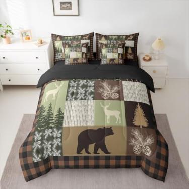 Imagem de Feelyou Conjunto de edredom com 7 peças, tamanho Queen, cama, urso, cervo, campo, rústico, bosque, pinheiro, búfalo, decoração de quarto, microfibra macia