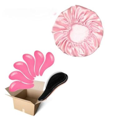 Imagem de Conjunto de 100 peças de escovas milagrosas para cuidados com os cabelos e toucas anti-frizz (Rosa Claro,50 Escovas + 50 Toucas)