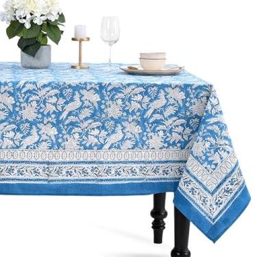 Imagem de CPC Toalha de mesa retangular 100% algodão, 177 x 354 cm, estampa em bloco indiano, toalha de mesa lavável para casamentos, primavera/verão, churrasco - safira azul