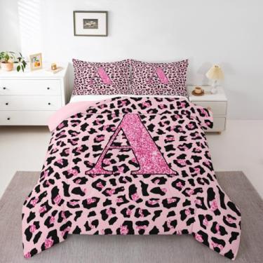Imagem de jejeloiu Conjunto de edredom solteiro com estampa de leopardo, alfabeto personalizado, para crianças, meninos, meninas, safári, guepardo, estampa de pele de animal, rosa, letra A, edredom 2 peças com