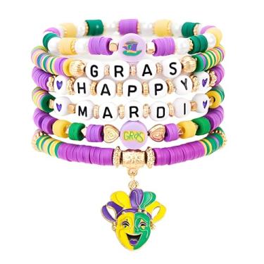 Imagem de coadipress Pulseiras femininas de carnaval de argila de polímero Heishi pulseira elástica máscara flor de lis, joias de férias de carnaval, Middle, Liga de aço, Sem Pedra Preciosa