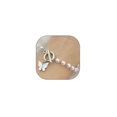 Imagem de Rrdaily Pulseiras de pérolas com pingente de borboleta para mulheres e adolescentes, pulseiras vintage com fivela ot, presentes de joias de casamento e dama de honra de dia dos namorados (W)