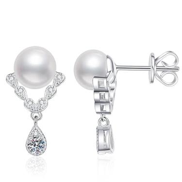 Imagem de Brincos de pedra Mousan S925 prata pura pérola natural de água doce em forma de V com design D-Color Mousan Diamond Pearl Brincos