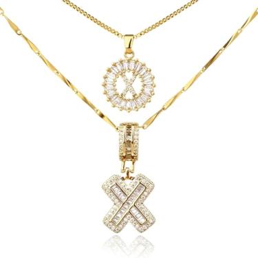 Imagem de MINDEKA Pacote com 2 colares femininos com inicial de zircônia cúbica banhada a ouro 14K, joias delicadas com inicial inicial para mulheres, colar com pingente de alfabeto A-Z personalizado, 18"+2