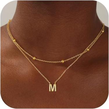 Imagem de Gargantilha feminina banhada a ouro 14K, delicada, com inicial de camadas, letra A-Z, com corrente de contas, presentes de aniversário e Natal personalizados para irmã, mãe, filha, amiga, 14/16+2.5
