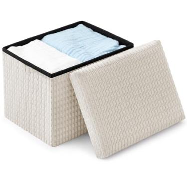 Imagem de Thyle Otomano decorativo de armazenamento com pequeno banco de descanso para os pés sob a mesa, apoio para os pés curto, dobrável, tecido de veludo cotelê, 40 x 30 x 30 cm (bege)