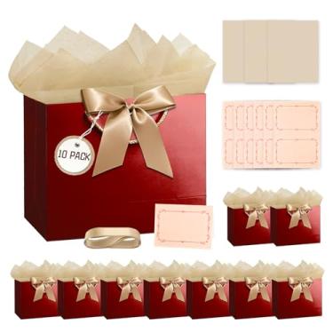 Imagem de PrintGuru Pacote com 10 sacos de presente vermelhos grandes de 33 cm com alça e papel de seda e cartões comemorativos, sacos de presente de Natal a granel para aniversário, ano novo, casamento, chá de